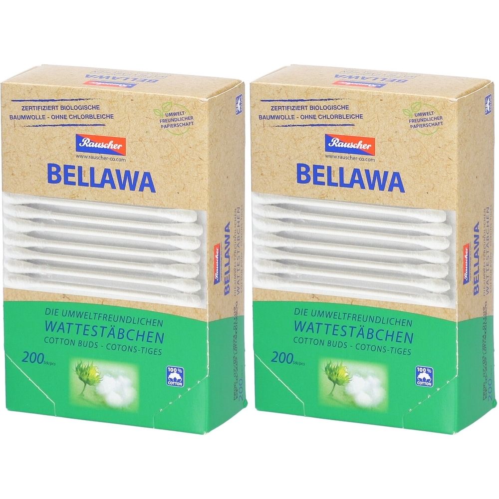 Zwei Kartons BELLAWA Wattestäbchen. Aufschrift: 200 Stück, umweltfreundlich, Baumwolle. Marke Rauscher. Zertifiziert biologisch.