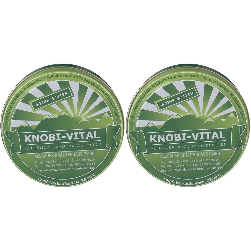 Zwei runde Dosen mit grünem Deckel. Aufschrift: KNOBI-VITAL, + ZINK + SELEN. Herstellerinformationen und Preisangabe.