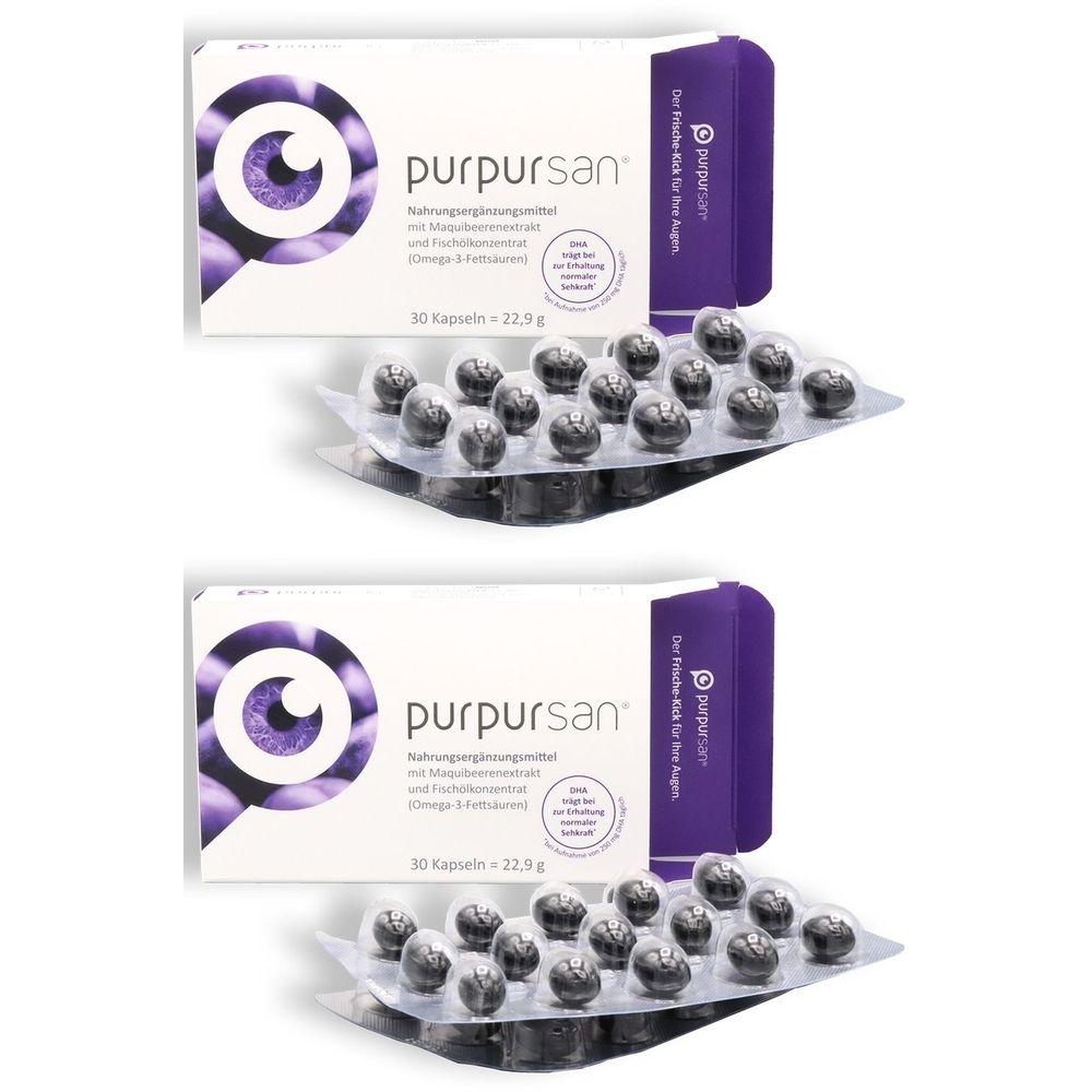Zwei Packungen purpursan® mit Kapseln in Blisterverpackung. Aufschrift: Nahrungsergänzungsmittel. 90 Kapseln.