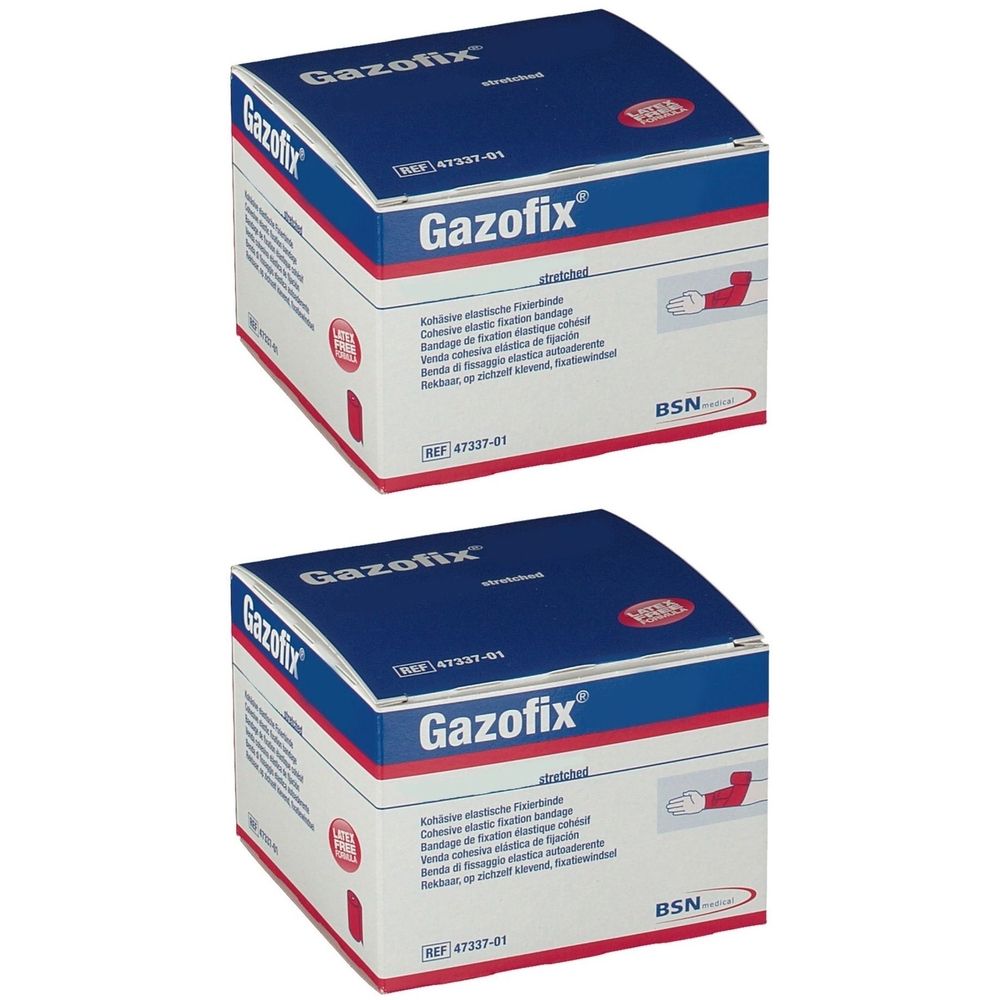 Zwei Kartons Gazofix®. Blaue Deckel, weiße Seiten mit roter und blauer Schrift. Aufdruck: Gazofix®, BSN. Enthält elastische Fixierbinde.