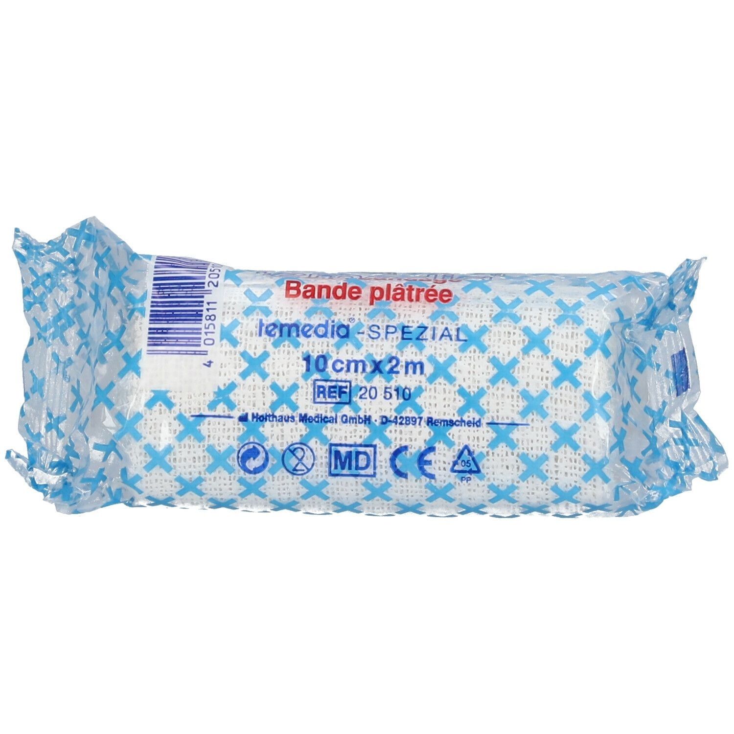 Verpackte Gipsbinde. Aufschrift: Temedia Spezial, 10 cm x 2 m. Blaue und weiße Verpackung mit Kreuzmuster. MD-Kennzeichnung.