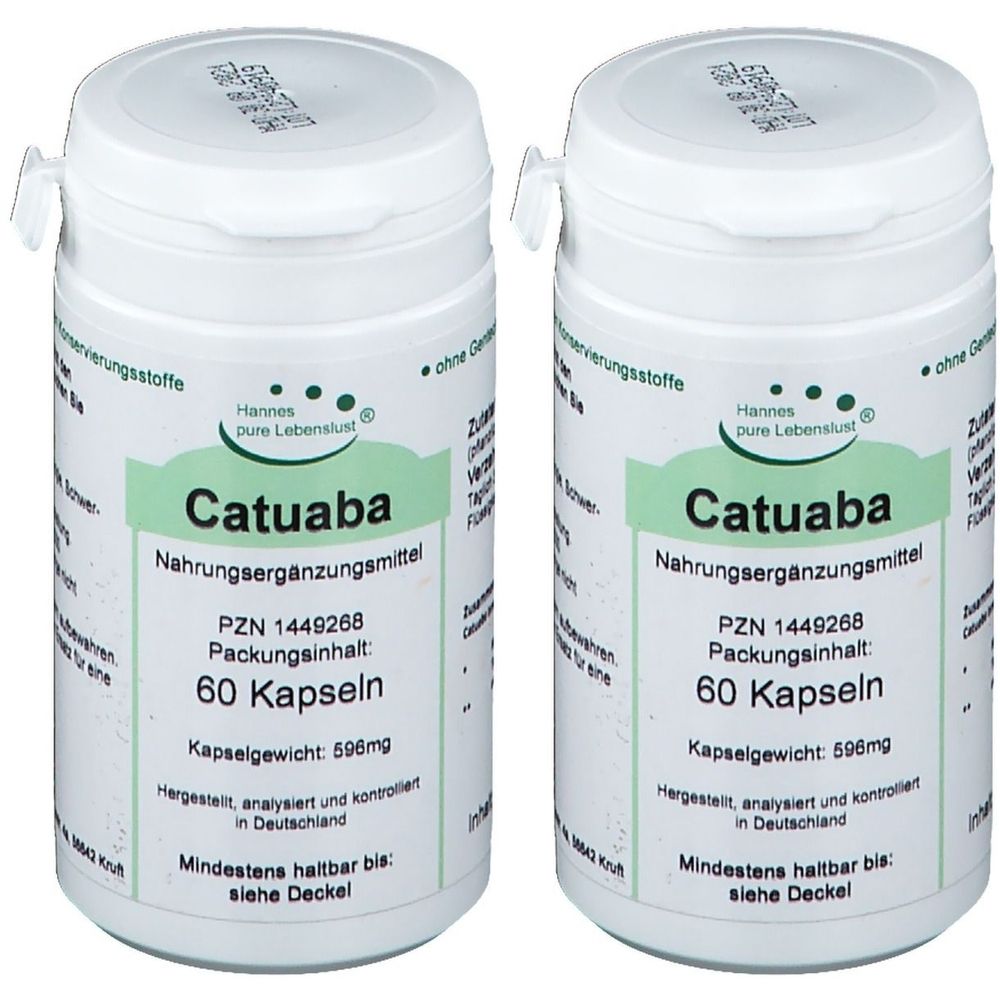 Zwei weiße Kunststoffdosen mit Deckel. Aufschrift: Catuaba, Nahrungsergänzungsmittel, 60 Kapseln. Marke: Hannes pure Lebenslust.