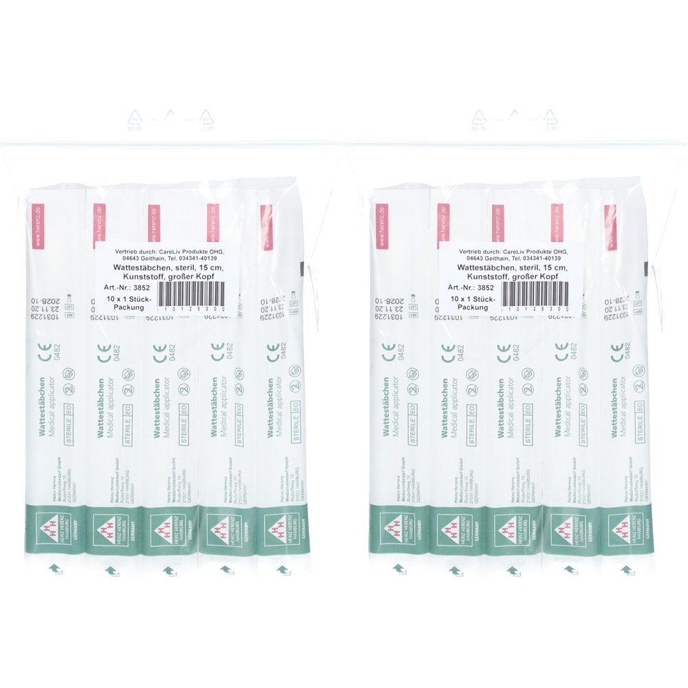 Mehrere Packungen Wattestäbchen, steril, 15 cm, Kunststoff, großer Kopf. Verpackung mit Produktinformationen und CE-Kennzeichnung.