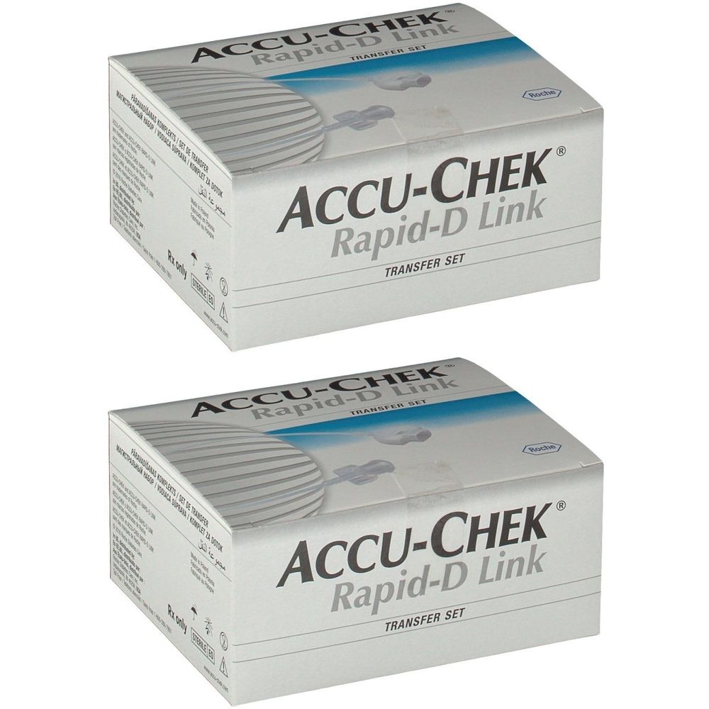 Zwei weiße Kartons mit der Aufschrift ACCU-CHEK Rapid-D Link. Aufschrift TRANSFER SET. Oben ein blaues Band.