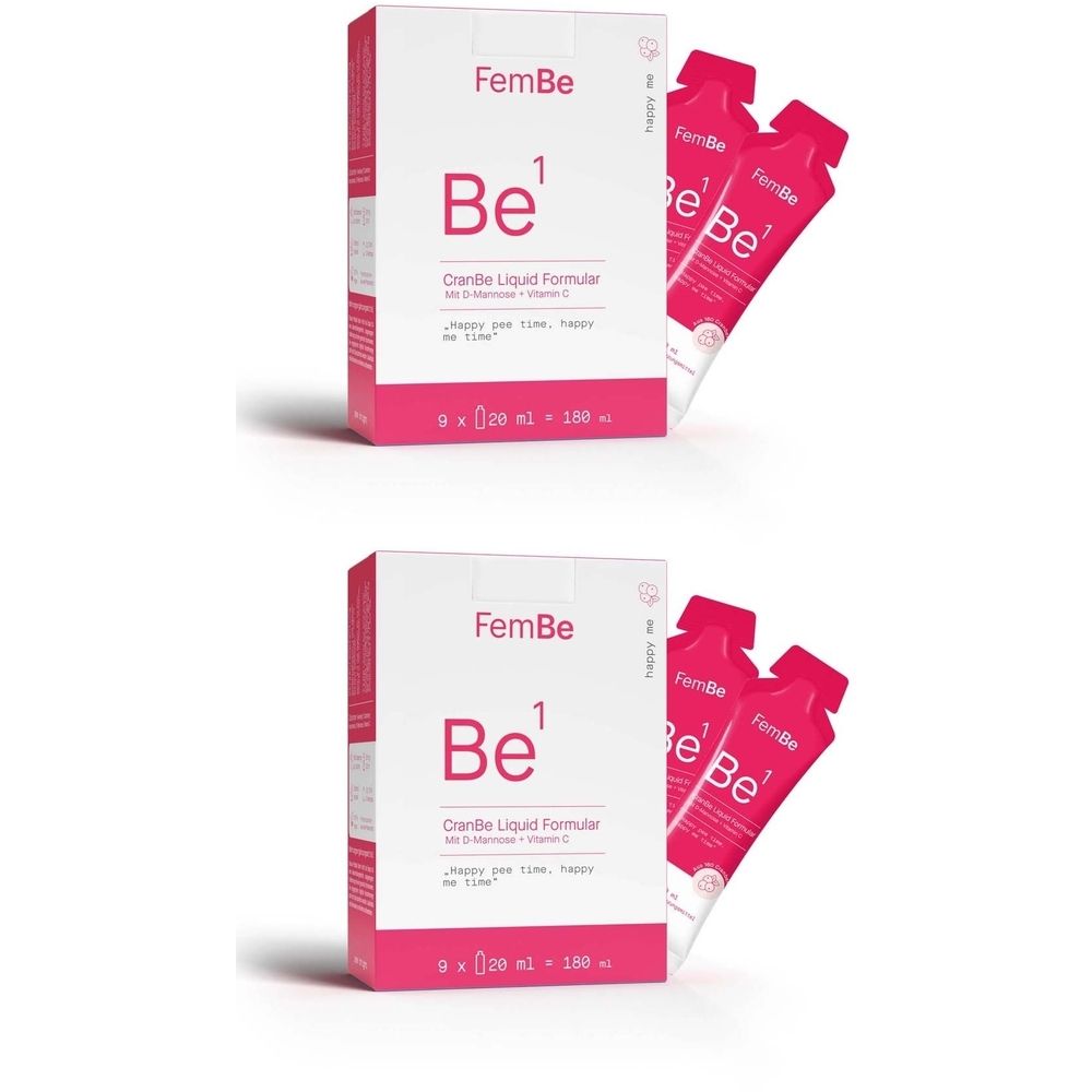 Zwei Packungen mit FemBe Be¹ CranBe Liquid Formular. Weiße Schachteln mit rosa Akzenten und Beuteln.