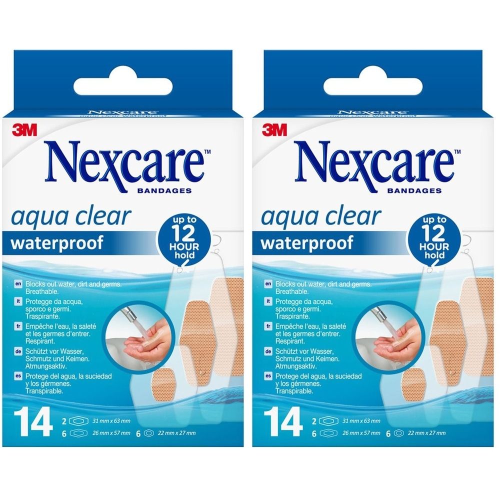 Zwei Packungen Nexcare aqua clear wasserdichte Pflaster. Jede Packung enthält 14 Pflaster. Aufdruck: bis zu 12 Stunden Halt.