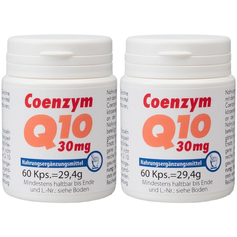 Zwei weiße Pillendosen mit roter und orangefarbener Beschriftung. Aufschrift: Coenzym Q10 30mg, Nahrungsergänzungsmittel, 60 Kps.