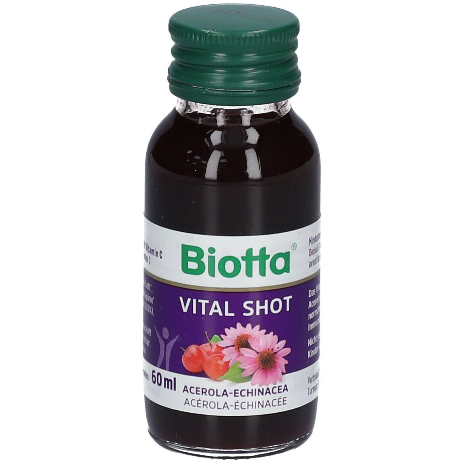 Biotta Vital Shot Acerola-Echinacea, 60ml Flasche mit grünem Schraubverschluss. Dunkle Flüssigkeit sichtbar.