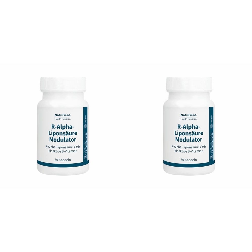 Zwei weiße Pillendosen mit blauen Etiketten. Aufschrift: R-Alpha-Liponsäure Modulator. 30 Kapseln. Marke: NatuGena.