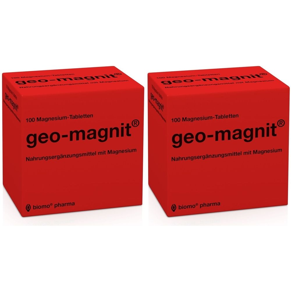 Zwei rote Würfelpackungen mit "geo-magnit"-Tabletten. Aufschrift: "100 Magnesium-Tabletten", "Nahrungsergänzungsmittel mit Magnesium". Logo: "biomo pharma".
