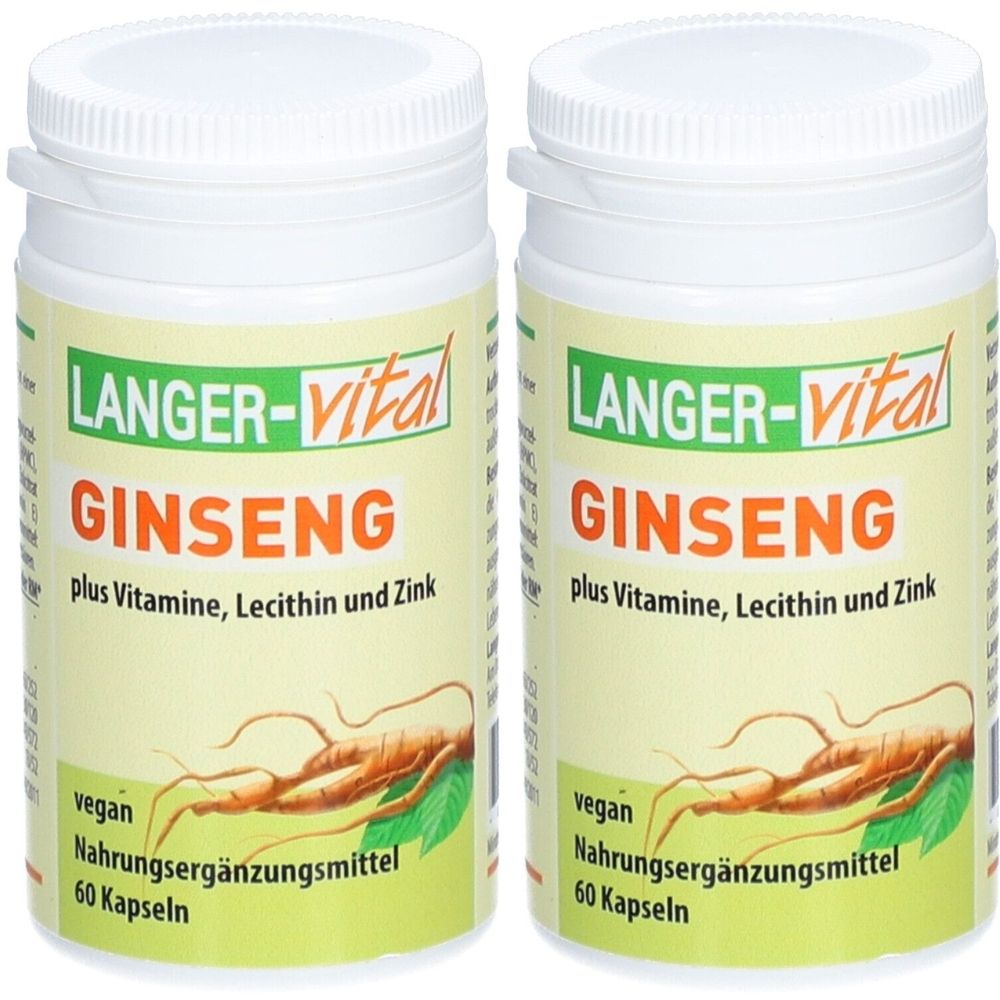 Zwei weiße Dosen mit Etiketten. Aufschrift: LANGER-vital Ginseng Plus Vitamine, Lecithin und Zink. Vegan, Nahrungsergänzungsmittel, 60 Kapseln.
