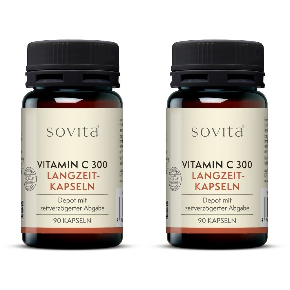 Zwei Flaschen SoVita Vitamin C 300 Langzeit-Kapseln. Braune Glasflaschen mit schwarzem Deckel. Etikett mit Produktinformationen.
