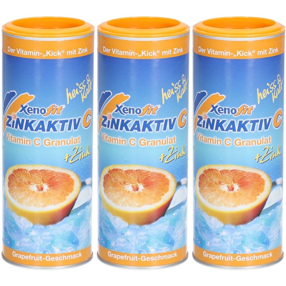 Drei zylindrische Behälter mit Xenofit Zinkaktiv C. Aufschrift: Vitamin C Granulat + Zink. Abbildung einer Grapefruit. Orangefarbener Deckel.