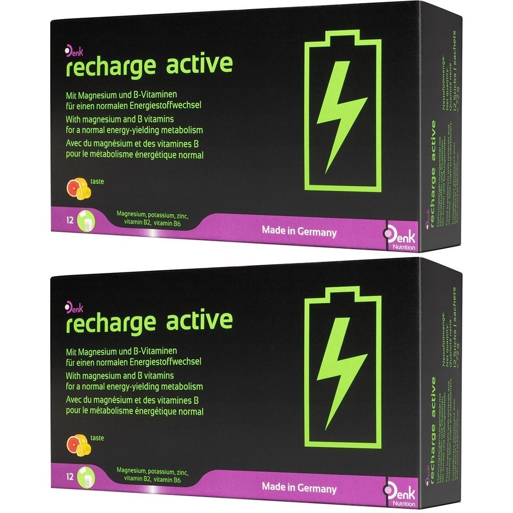 Zwei schwarze Kartons mit "recharge active" Schriftzug. Enthält Magnesium und B-Vitamine. Mit grünem Blitz-Symbol. "Made in Germany".