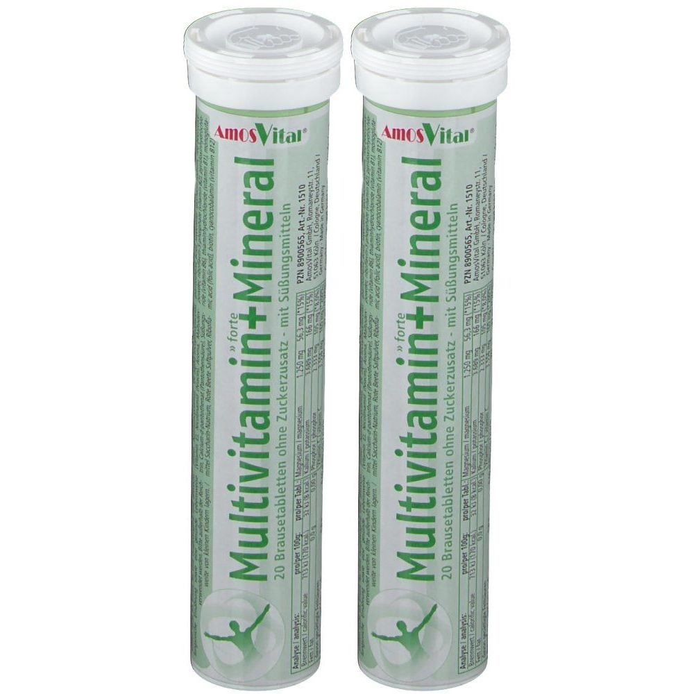 Zwei Tuben AmosVital Multivitamin+Mineral Brausetabletten. Grün-weiß Verpackung, Schriftzug. Enthält 20 Tabletten ohne Zuckerzusatz.