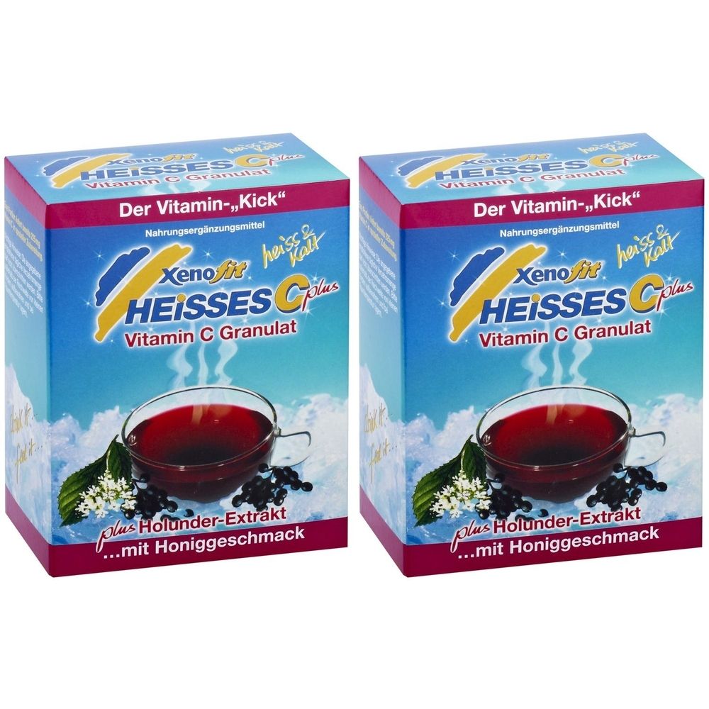 Zwei Packungen Xenofit HEISSES C plus Vitamin C Granulat. Aufdrucke: Der Vitamin-Kick, Holunder-Extrakt, mit Honiggeschmack.