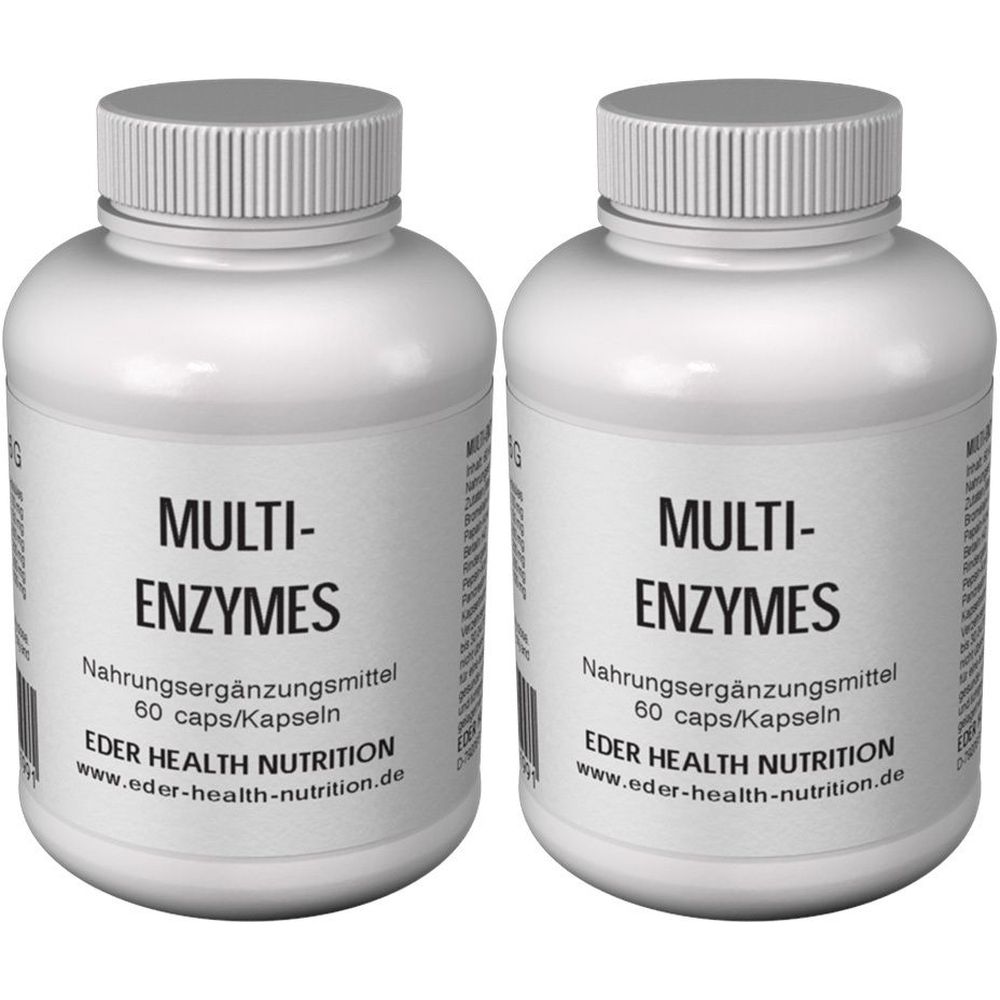 Zwei weiße Flaschen mit Schraubverschluss. Aufschrift: MULTI-ENZYMES, Nahrungsergänzungsmittel, 60 Kapseln. Marke: EDER HEALTH NUTRITION.