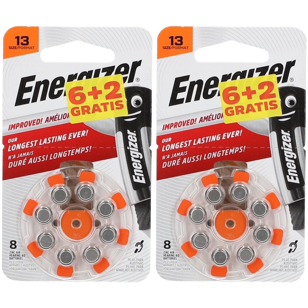 Zwei Packungen Hörgerätebatterien. Jede Packung enthält 8 Batterien. Aufschrift: Energizer, 6+2 gratis, Größe 13.