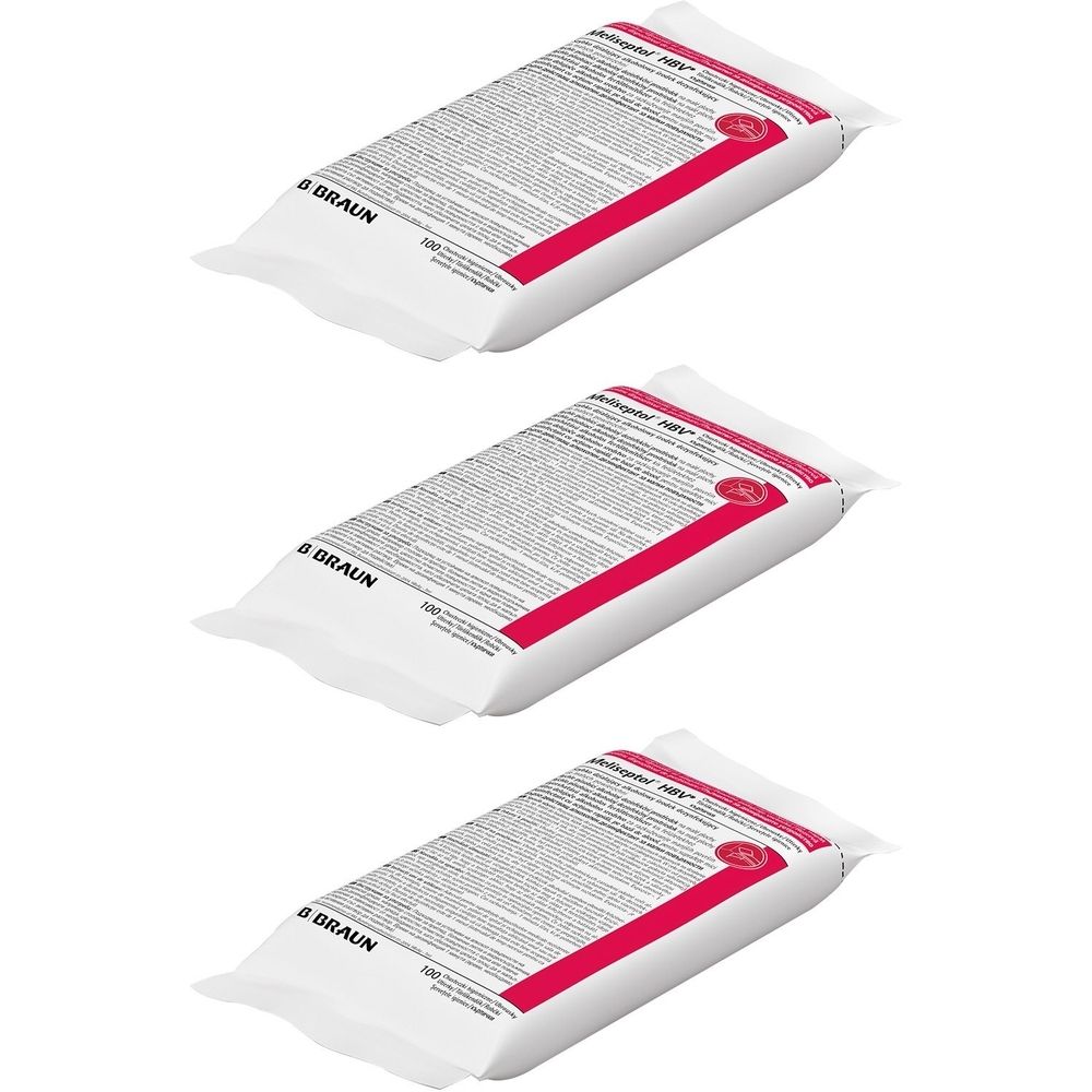 Drei weiße Nachfüllpackungen mit rotem Streifen und Text. Aufdruck: Meliseptol HBV Tücher, B. Braun.