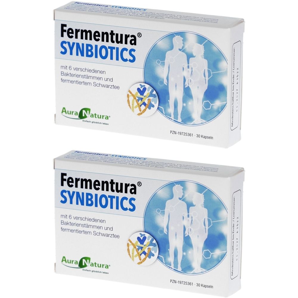 Zwei Schachteln Fermentura Synbiotics. Weiße Verpackung mit blauer Grafik und Produktinformationen. Marke Aura Natura.
