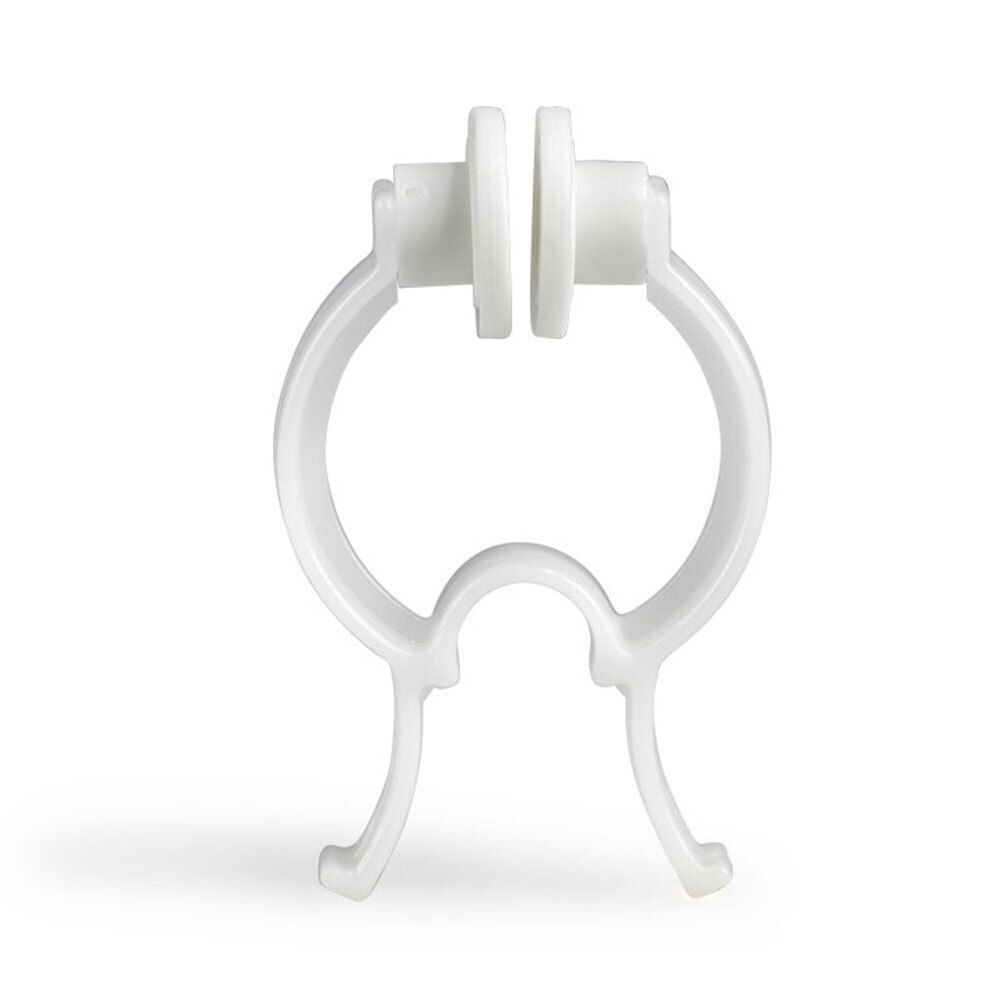 Nasenklemme aus weißem Kunststoff. Besteht aus zwei runden Teilen, die durch einen Bügel verbunden sind. Unterhalb zwei gebogene Teile.