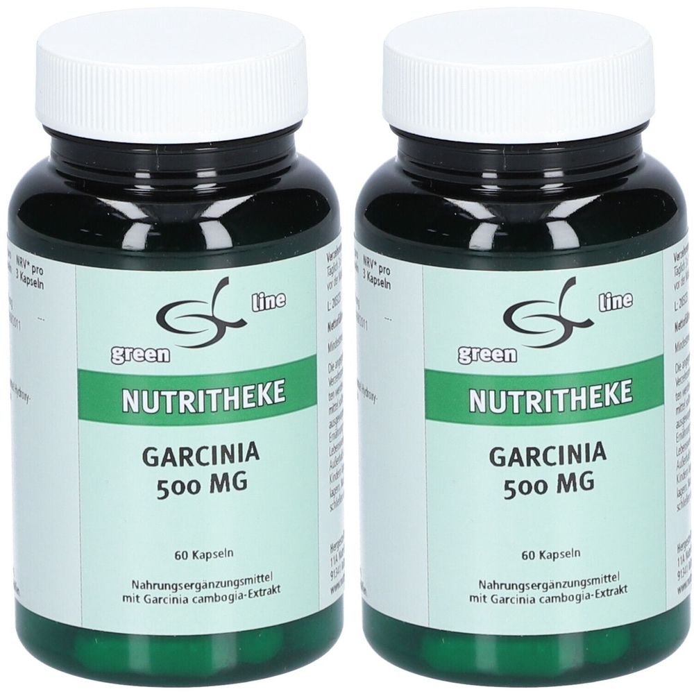 Zwei Flaschen mit grünen Kapseln. Aufschrift: green line NUTRITHEKE GARCINIA 500 MG. 60 Kapseln. Nahrungsergänzungsmittel.
