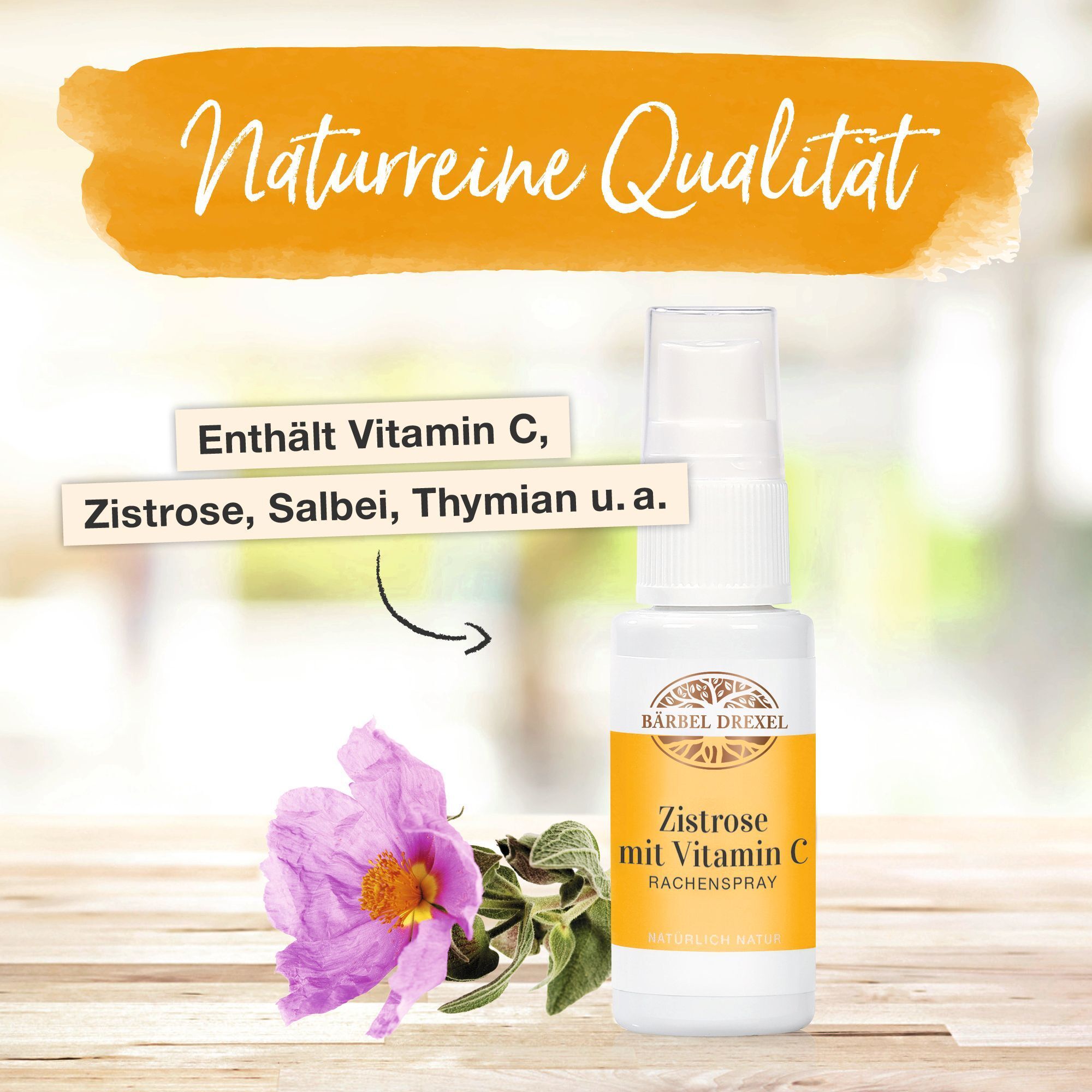 Bärbel Drexel Zistrose mit Vitamin C Rachenspray mit Blüte und Text.
