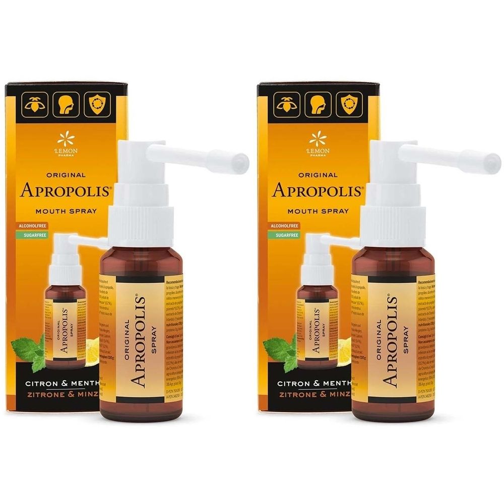 Zwei Flaschen Mundspray mit Sprühkopf und Kartonverpackung. Aufschrift: Original Apropolis Spray, Zitrone & Minze.
