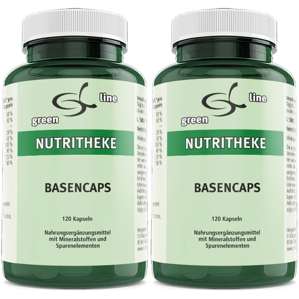 Zwei grüne Flaschen mit weißen Deckeln. Aufschrift: green line NUTRITHEKE BASENCAPS. 120 Kapseln. Nahrungsergänzungsmittel mit Mineralstoffen und Spurenelementen.