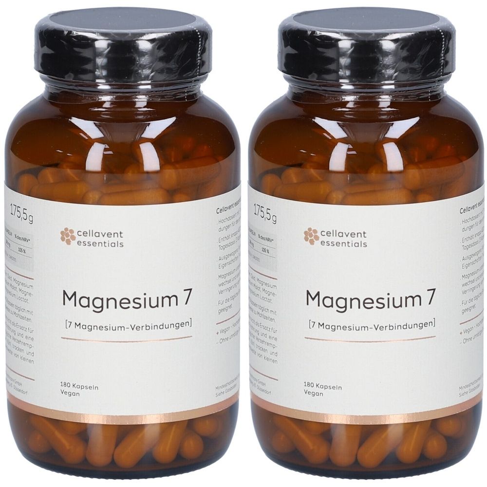 Zwei braune Glasflaschen mit schwarzen Deckeln. Auf den Etiketten steht "Magnesium 7" und "cellavent essentials". Enthält Kapseln.