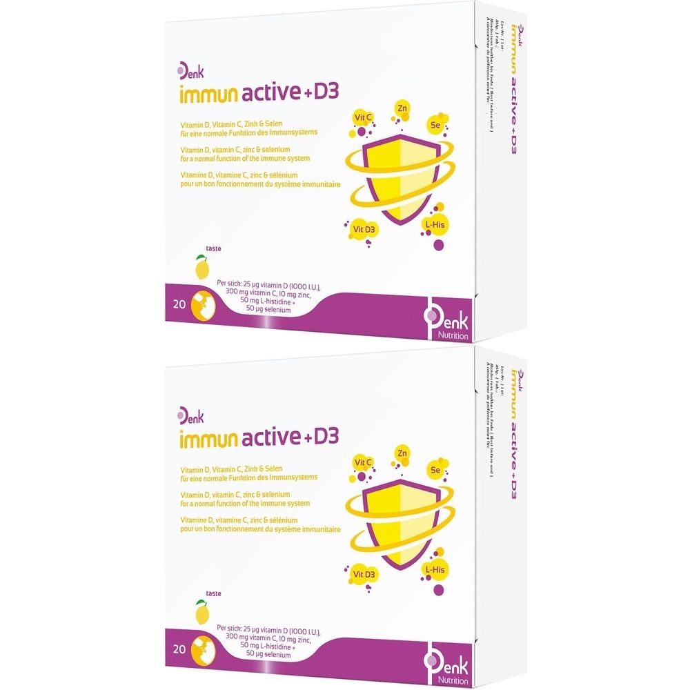 Zwei weiße Kartons mit Produktaufdruck. Aufschrift: immun active+D3. Logo: gelbes Schild mit Vitaminen. 20 Beutel.
