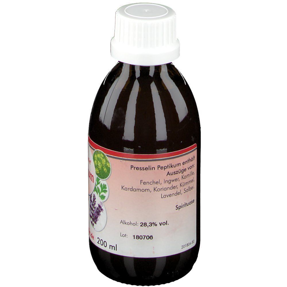 Braune Glasflasche mit weißem Schraubverschluss. Etikett mit "Presselin Peptikum", Zutatenliste und "Spirituose 28,3% vol.".