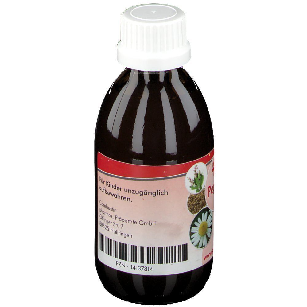 Seitenansicht einer braunen Glasflasche mit weißem Schraubverschluss. Etikett mit "Presselin Peptikum" und Herstellerangaben.
