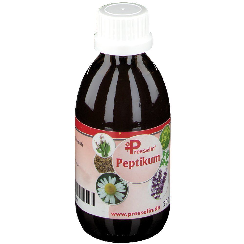 Braune Glasflasche mit weißem Schraubverschluss. Etikett mit "Presselin Peptikum", Kräutermotiven, "www.presselin.de" und "200 ml".