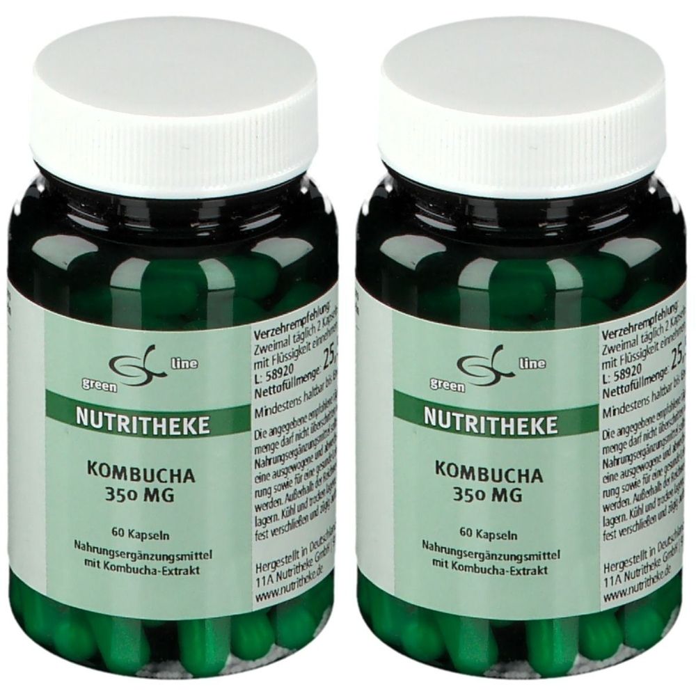 Zwei grüne Flaschen mit weißen Deckeln. Aufschrift: NUTRITHEKE KOMBUCHA 350 MG. Nahrungsergänzungsmittel mit Kombucha-Extrakt.