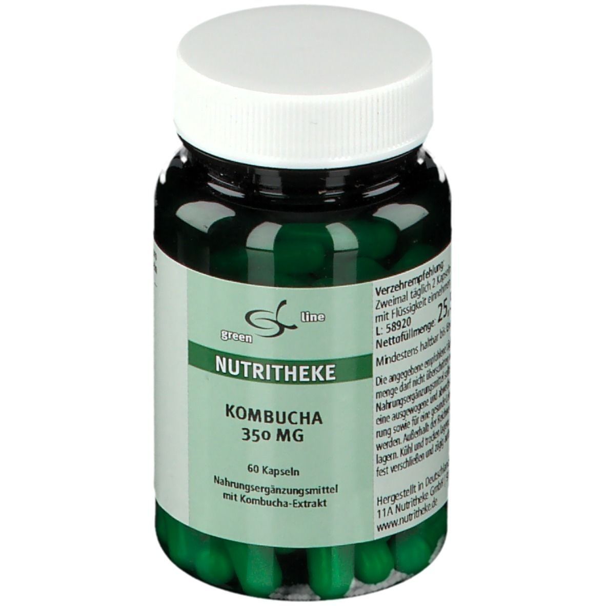 Grüne Kapseln in einer schwarzen Flasche mit weißem Deckel. Aufschrift: NUTRITHEKE KOMBUCHA 350 MG. 60 Kapseln.