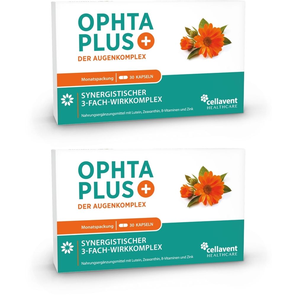 Zwei weiße Schachteln mit OPHTA PLUS+ Der Augenkomplex-Logo. Orangefarbener Streifen mit Text und Blüten. 30 Kapseln. cellavent HEALTHCARE.