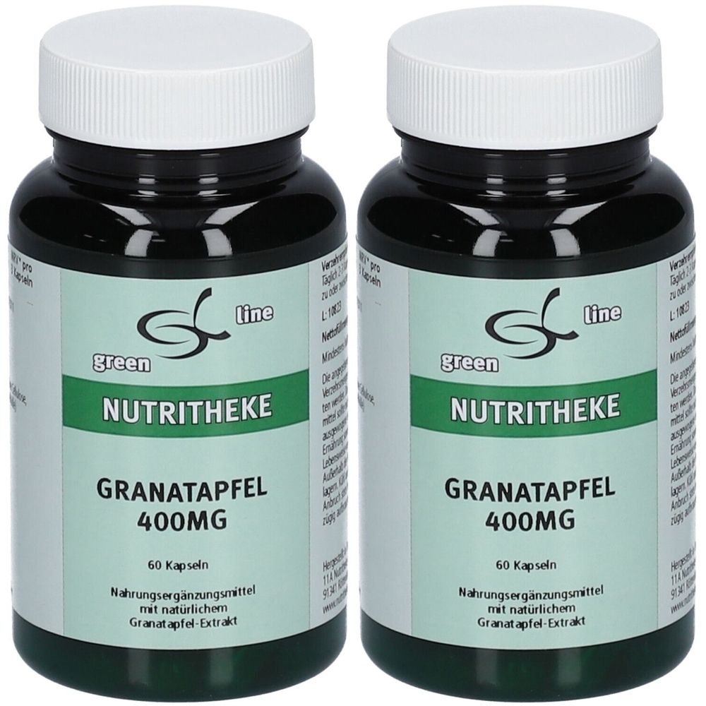 Zwei Flaschen mit schwarzen Deckeln. Auf den Etiketten steht "green line NUTRITHEKE GRANATAPFEL 400MG". Enthält 60 Kapseln.