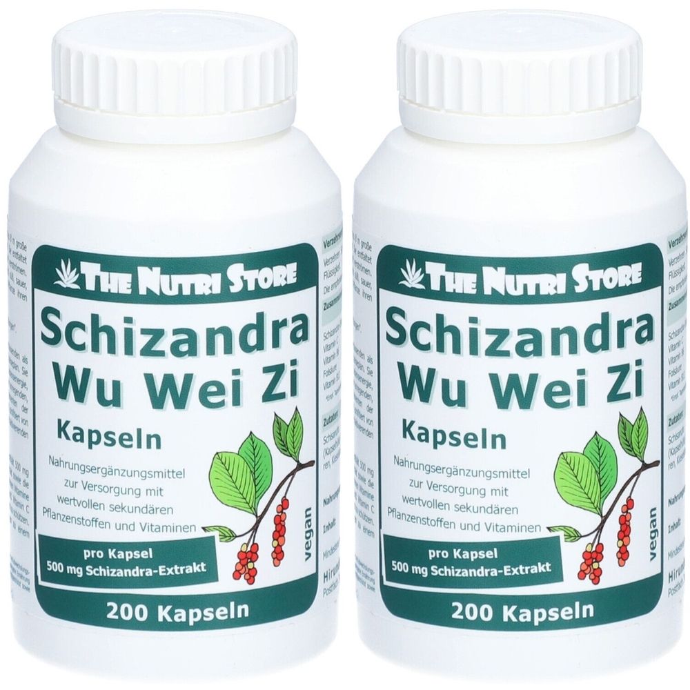 Zwei weiße Flaschen mit Etiketten. Aufschrift: Schizandra Wu Wei Zi Kapseln. Marke: The Nutri Store. Enthält 200 Kapseln.