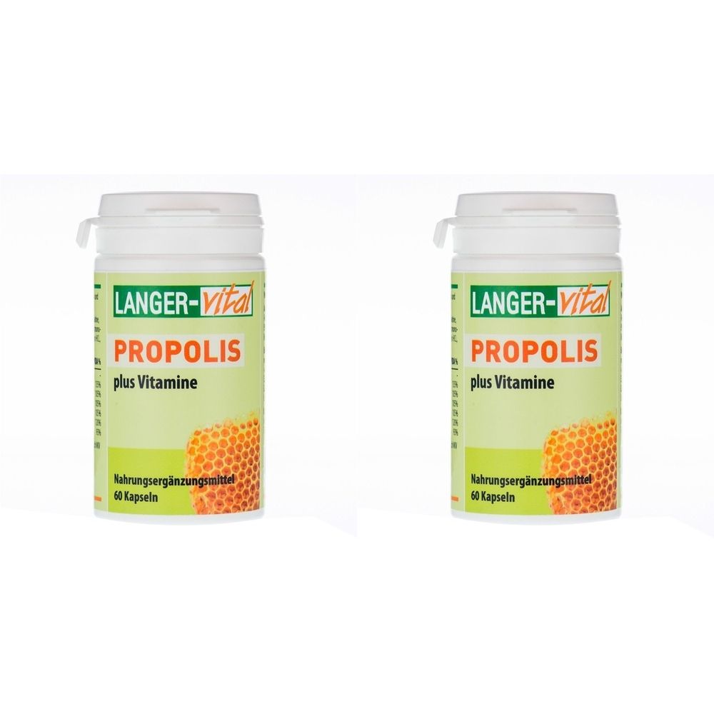 Zwei weiße Flaschen mit grün-gelben Etiketten. Aufschrift: LANGER-Vital, PROPOLIS plus Vitamine. Nahrungsergänzungsmittel. 60 Kapseln.