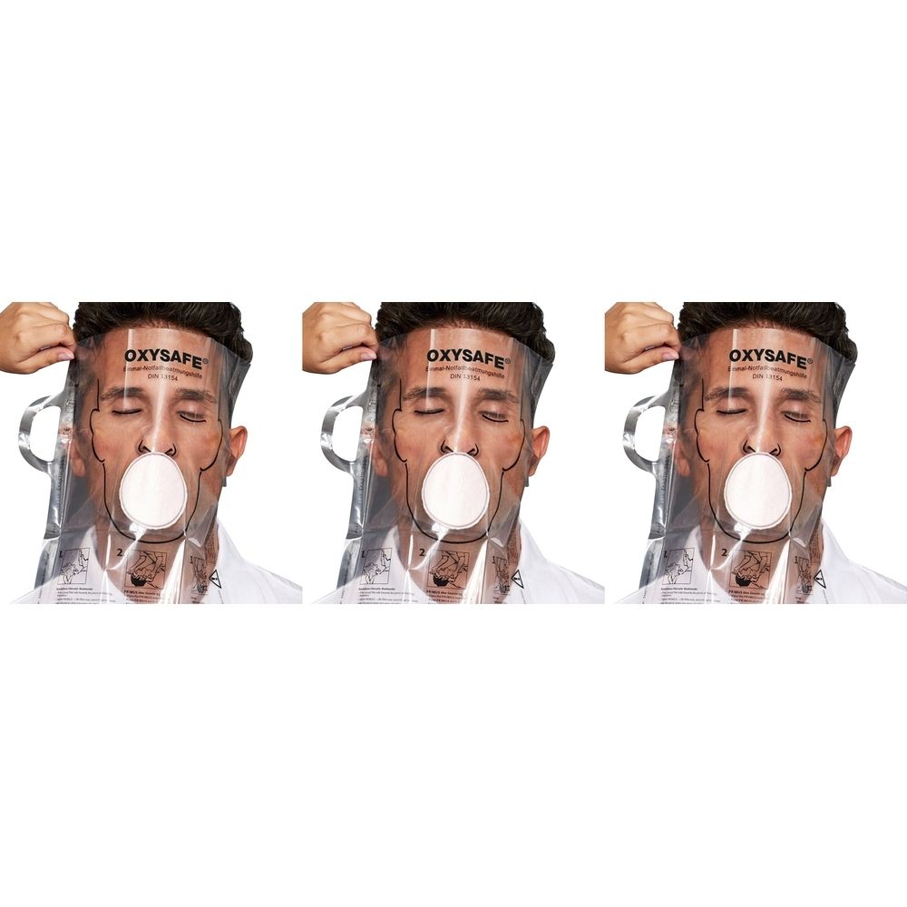 Notfallbeatmungshilfe OXYSAFE. Transparente Maske mit Mundstück, auf Gesicht platziert. Hände halten Maske fest. Aufschrift OXYSAFE.