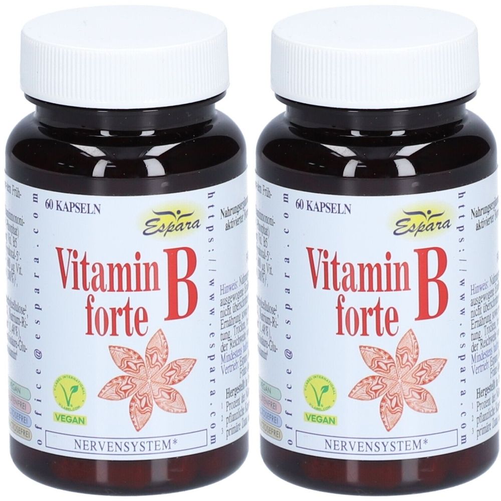 Zwei braune Flaschen mit weißen Deckeln. Auf den Etiketten steht "Vitamin B forte" und "Espara". Die Flaschen enthalten 60 Kapseln.