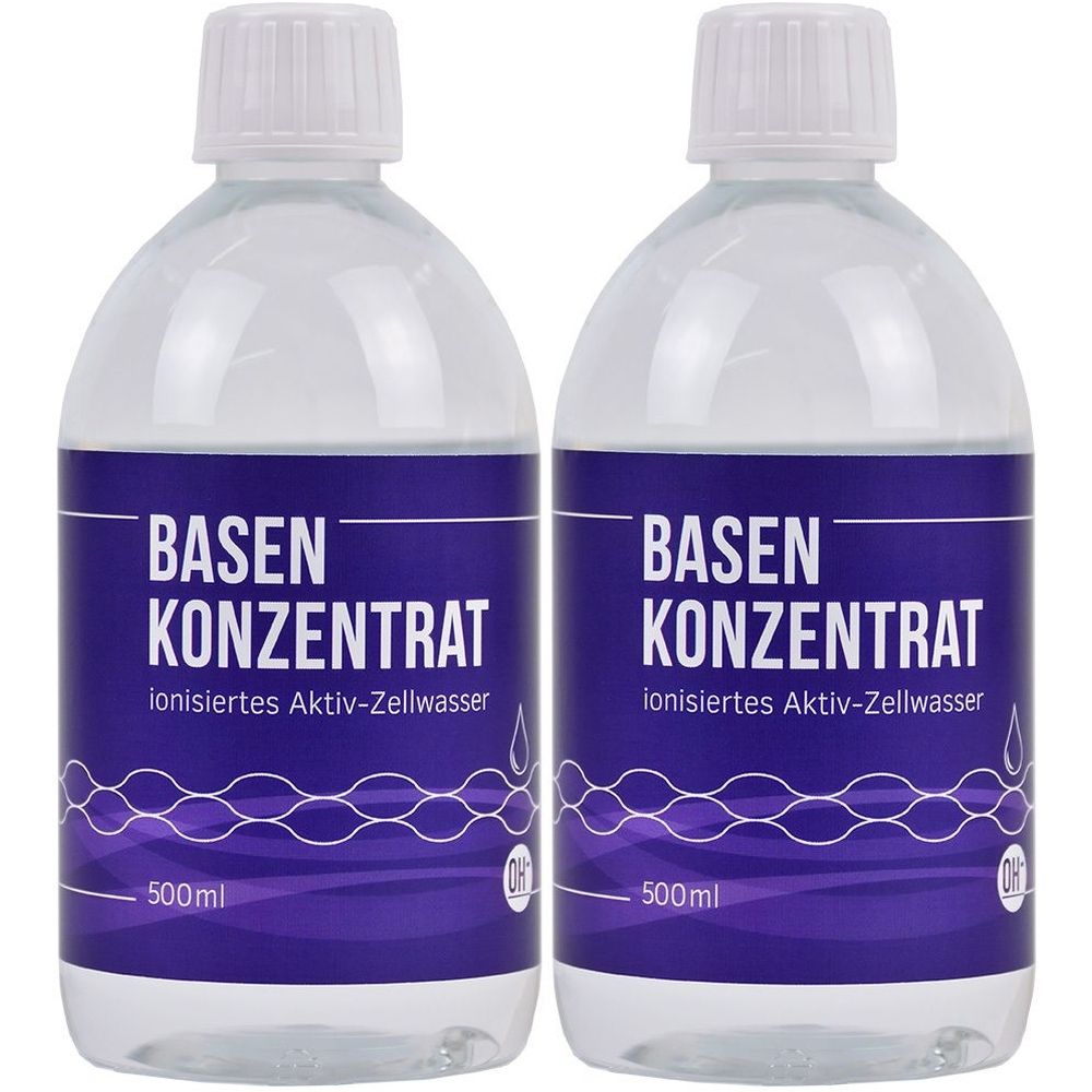 Zwei Flaschen BASEN KONZENTRAT. Klare Flüssigkeit in durchsichtigen Flaschen mit weißem Deckel. Aufschrift: ionisiertes Aktiv-Zellwasser, 500ml.