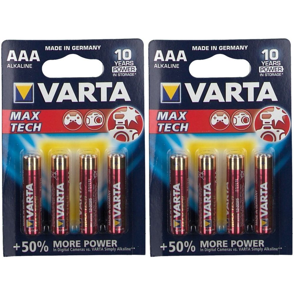 Zwei Packungen VARTA AAA Batterien. Jede Packung enthält vier Batterien. Aufschrift: Max Tech, +50% More Power. Hergestellt in Deutschland.