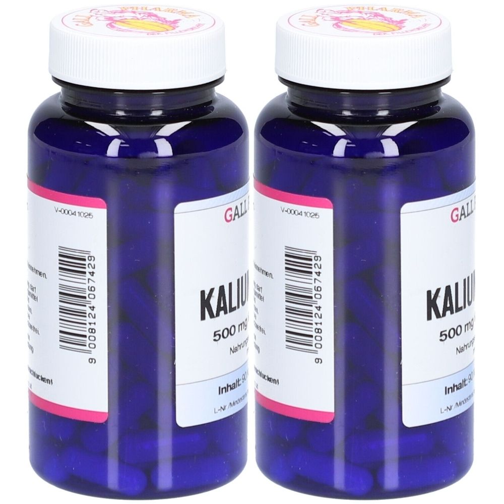 Zwei blaue Flaschen mit weißen Deckeln. Auf den Etiketten steht "Kalium 500 mg".