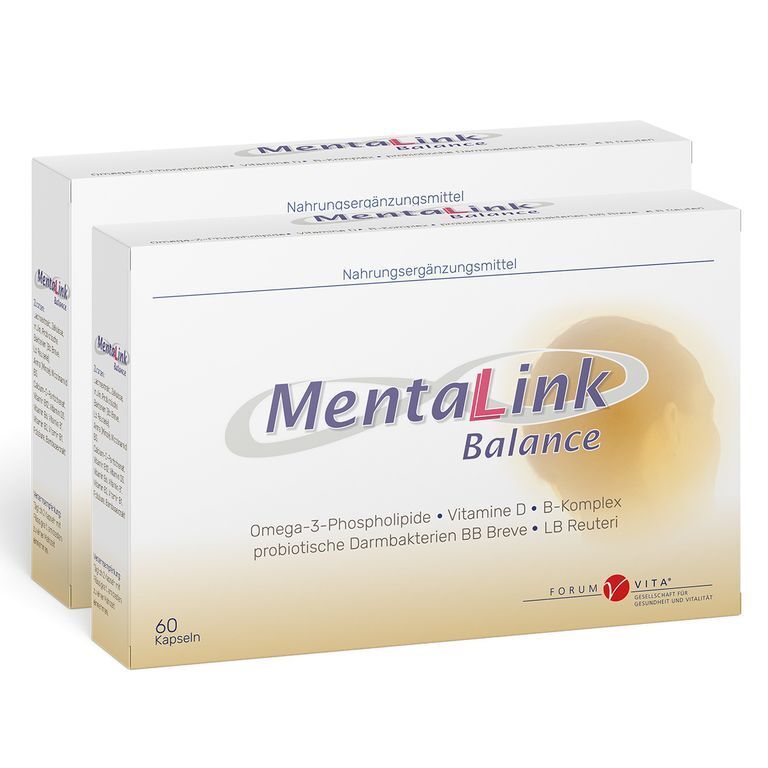 Zwei weiße Schachteln mit "MentaLink Balance"-Aufdruck. Enthält Omega-3, Vitamin D und probiotische Bakterien. 60 Kapseln.