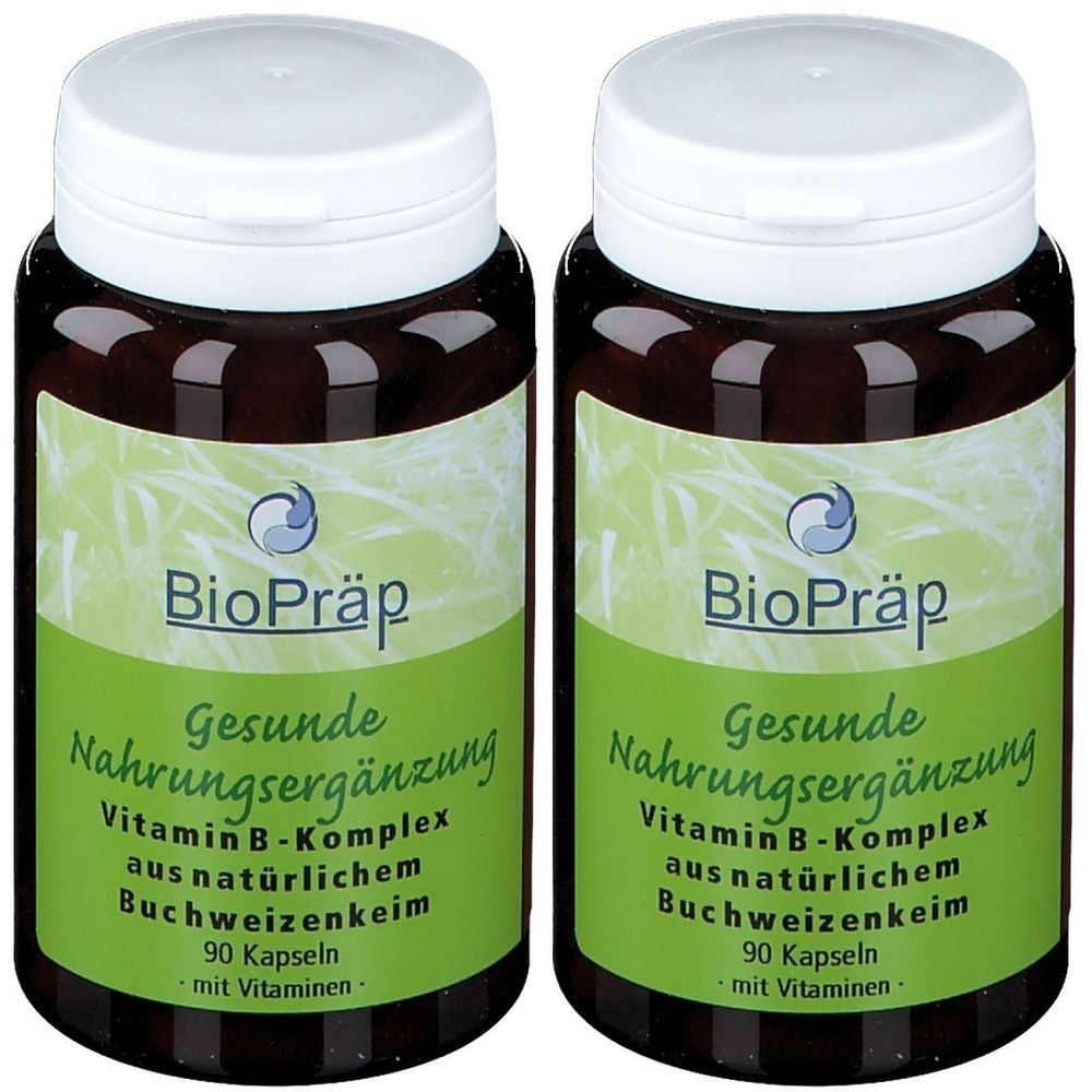 Zwei braune Flaschen mit weißen Deckeln. Auf den Etiketten steht "BioPräp", "Gesunde Nahrungsergänzung", "Vitamin B-Komplex" und "90 Kapseln".