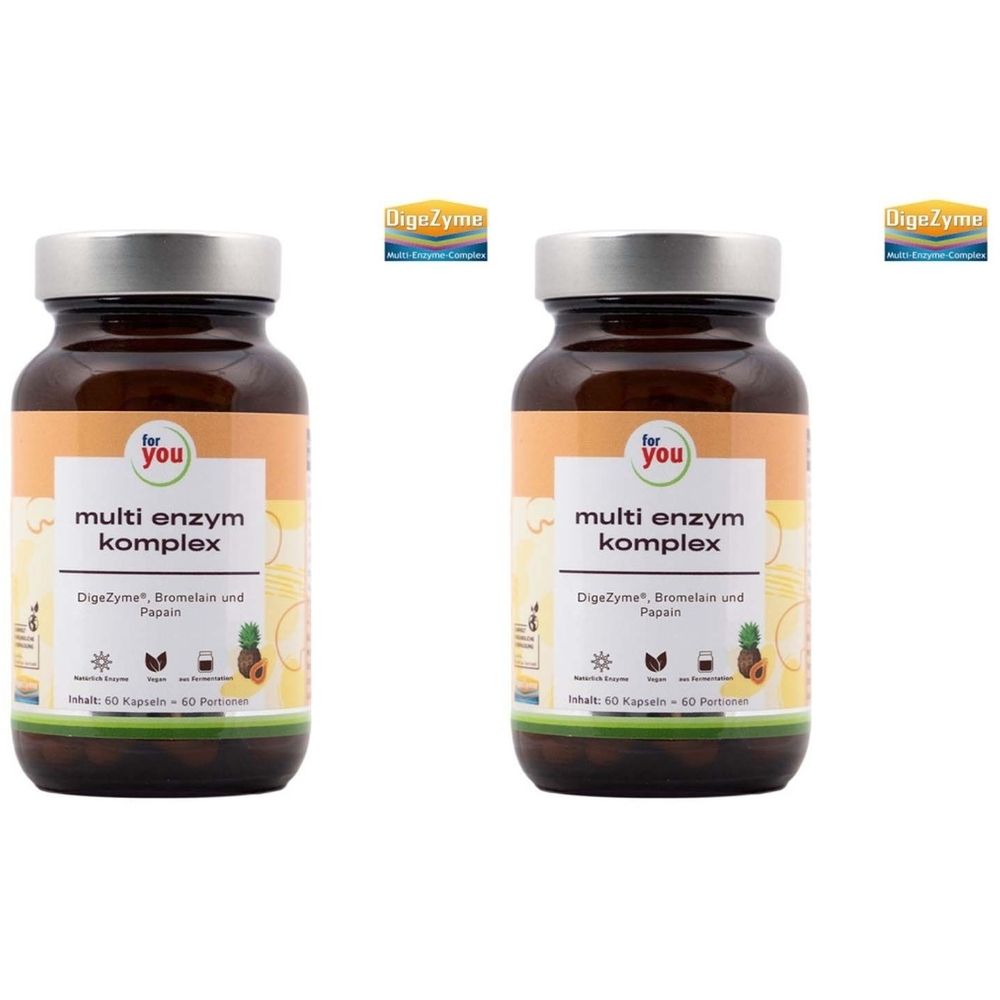 Zwei braune Pillendosen mit silbernen Deckeln. Aufschrift: "for you multi enzym komplex". Logo: DigeZyme. Inhalt: 60 Portionen.