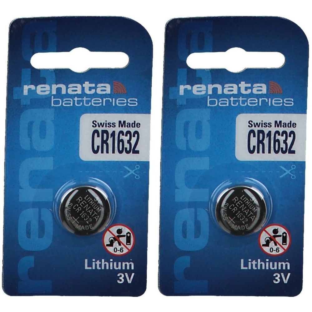 Zwei Knopfzellen in Blisterverpackung. Aufschrift: Renata, Swiss Made, CR1632, Lithium 3V. Warnhinweis für Kinder.