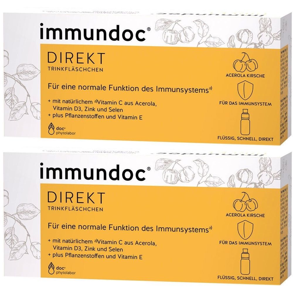 Zwei Packungen immundoc DIREKT Trinkfläschchen. Gelbe Verpackung mit Produktnamen, Inhaltsstoffen und Kirschabbildung. Für das Immunsystem.